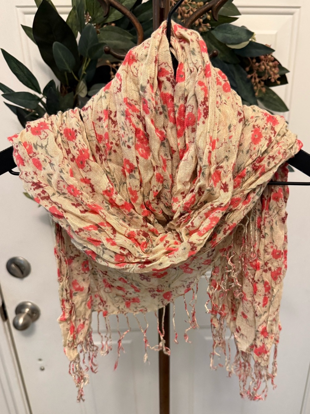 Boho Ditsy Floral Small Floral Print Lightweight Thin Scarf with Fringe OS